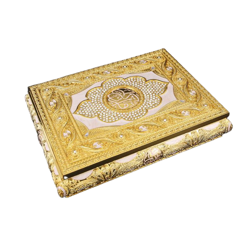Scrollwork Medallion Quran Box — Light and gold-tone design reference