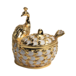 TZ017 gold-tone peacock sugar pot with pale feather panels and spoon thumbnail