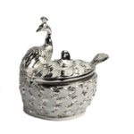 TZ017 silver-tone peacock sugar pot with pale feather panels, closed lid and matching spoon thumbnail
