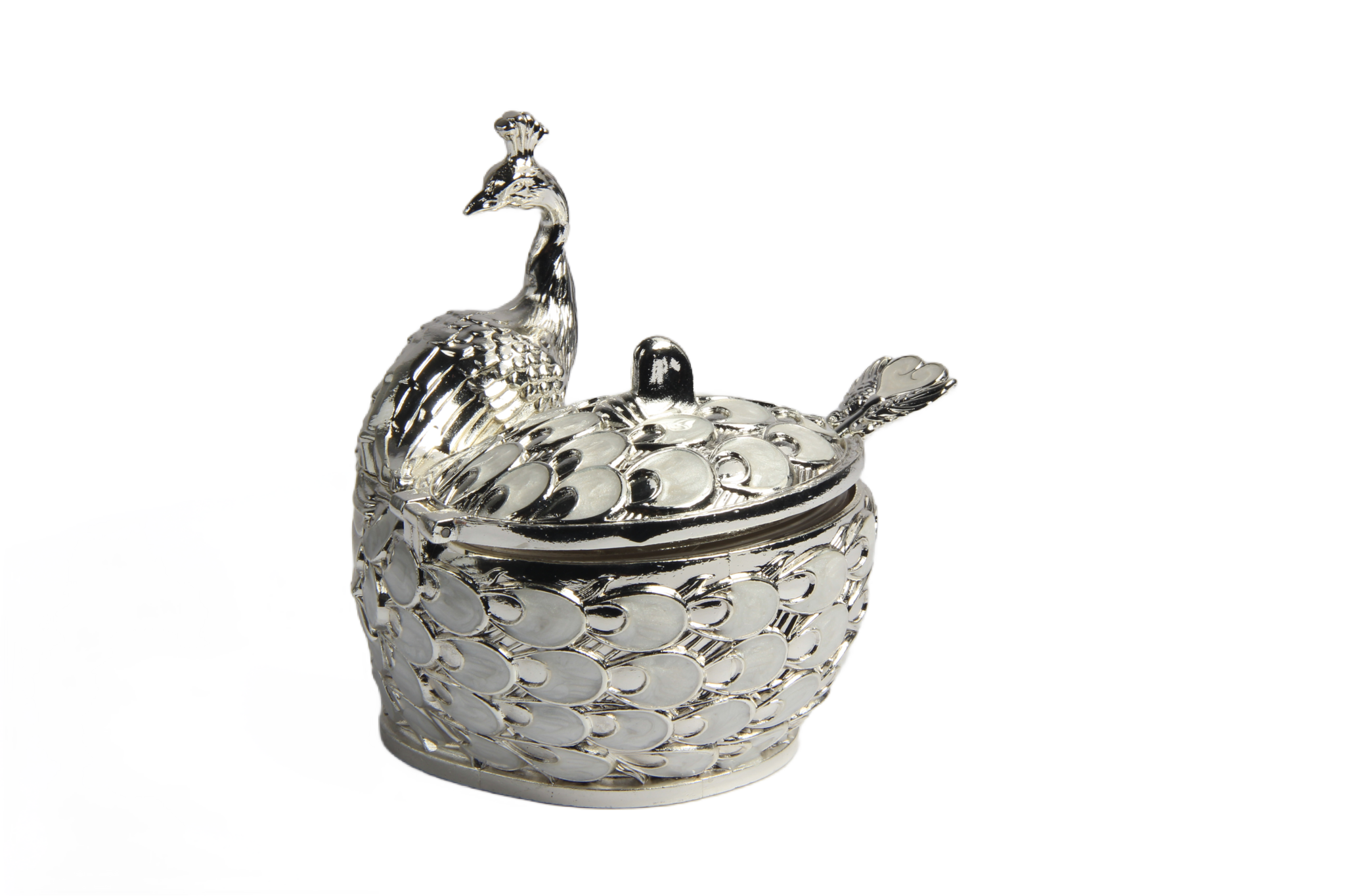 TZ017 silver-tone peacock sugar pot with pale feather panels, closed lid and matching spoon