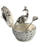 TZ017 peacock sugar pot with lid open, showing the interior and matching spoon thumbnail