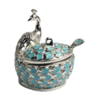 TZ017 silver-tone peacock sugar pot with turquoise feather panels and spoon thumbnail