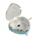 TZ021 heart-shaped sugar pot with lid open, showing the inner bowl and spoon thumbnail