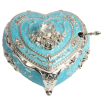TZ021 turquoise heart-shaped sugar pot with raised roses, silver-tone trim and matching spoon thumbnail