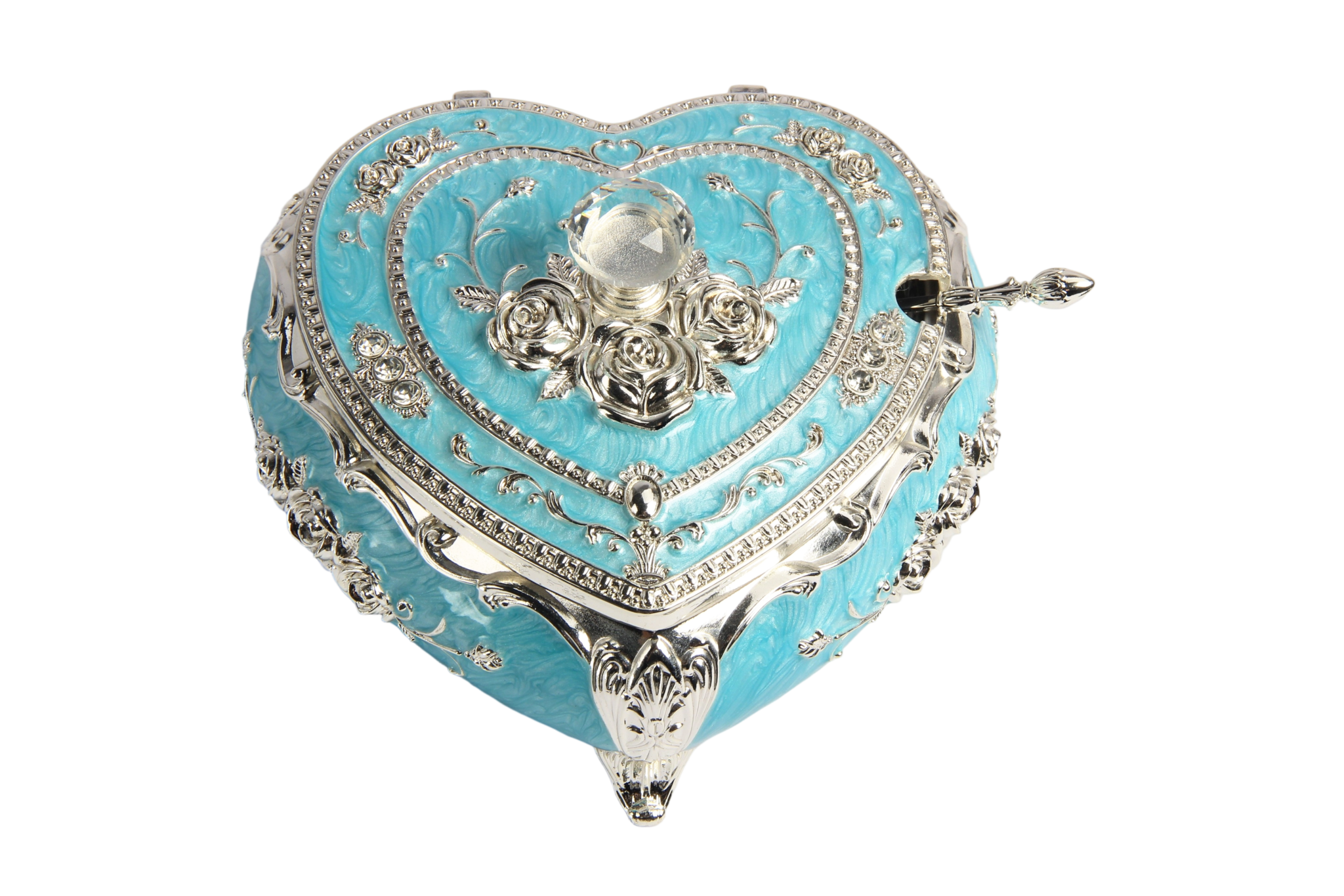 TZ021 turquoise heart-shaped sugar pot with raised roses, silver-tone trim and matching spoon