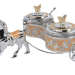 TZ059 silver-tone horse carriage with two peach round sugar pots and butterfly lid handles thumbnail