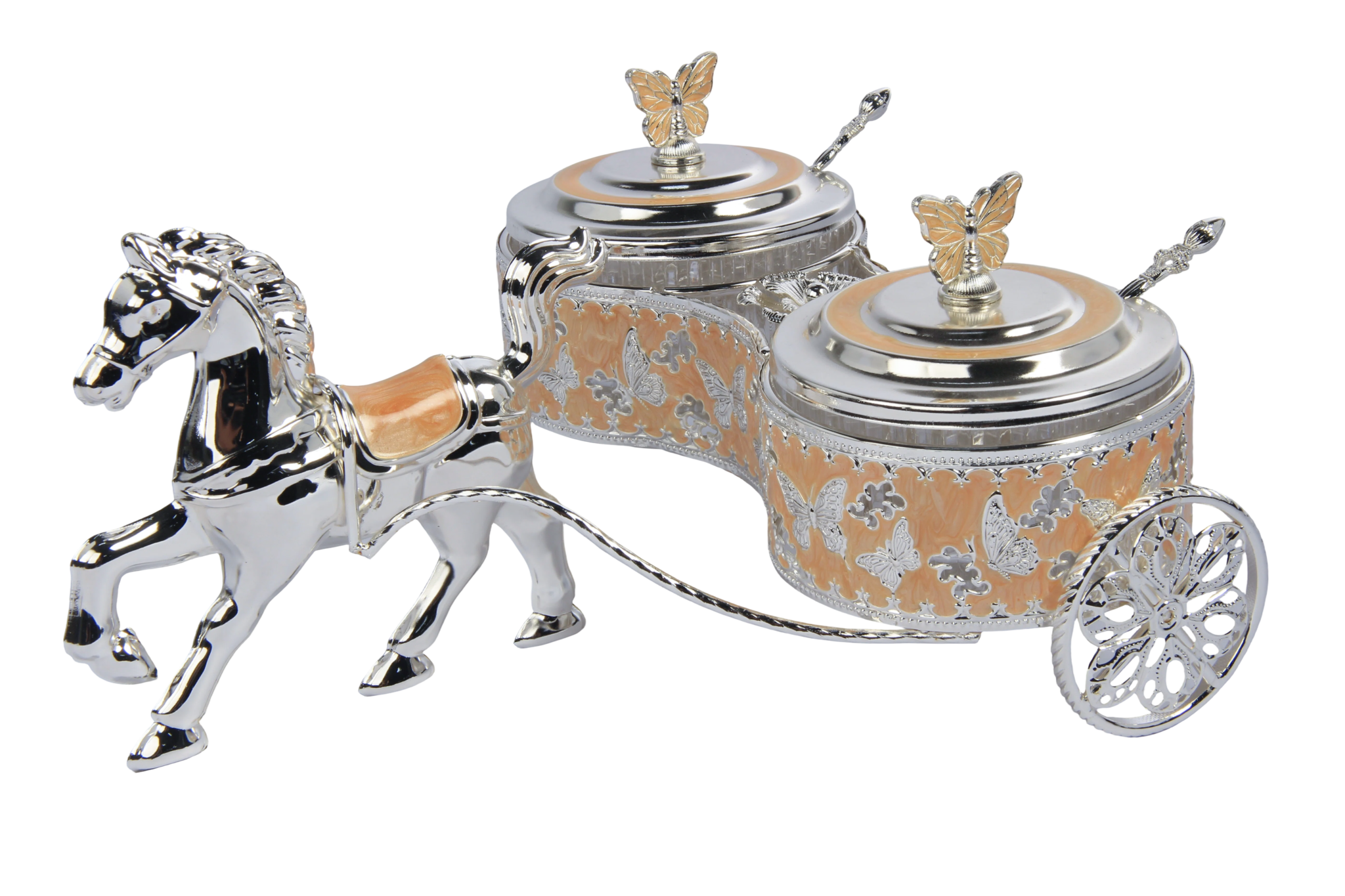 TZ059 silver-tone horse carriage with two peach round sugar pots and butterfly lid handles