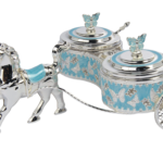 TZ059 turquoise twin sugar pot carriage with butterfly lid handles and two spoons thumbnail
