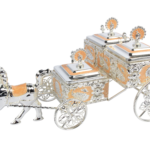 TZ067 three peach square sugar pots with peacock detailing on a silver-tone horse carriage thumbnail