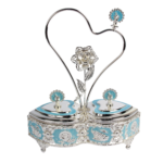 TZ082 turquoise twin heart-shaped sugar pots with peacock detailing and matching spoons thumbnail
