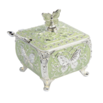 TZ085 pale green square sugar pot with silver-tone butterfly motifs and matching spoon thumbnail
