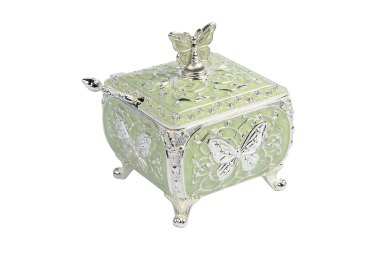TZ085 pale green square sugar pot with silver-tone butterfly motifs and matching spoon