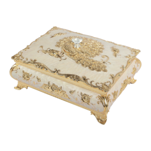 Peacock Wedding Gift Box — Ivory and gold-tone box — angled view thumbnail
