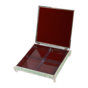 Raised Peacock Wedding Gift Box — Open box with red lining and divided insert thumbnail