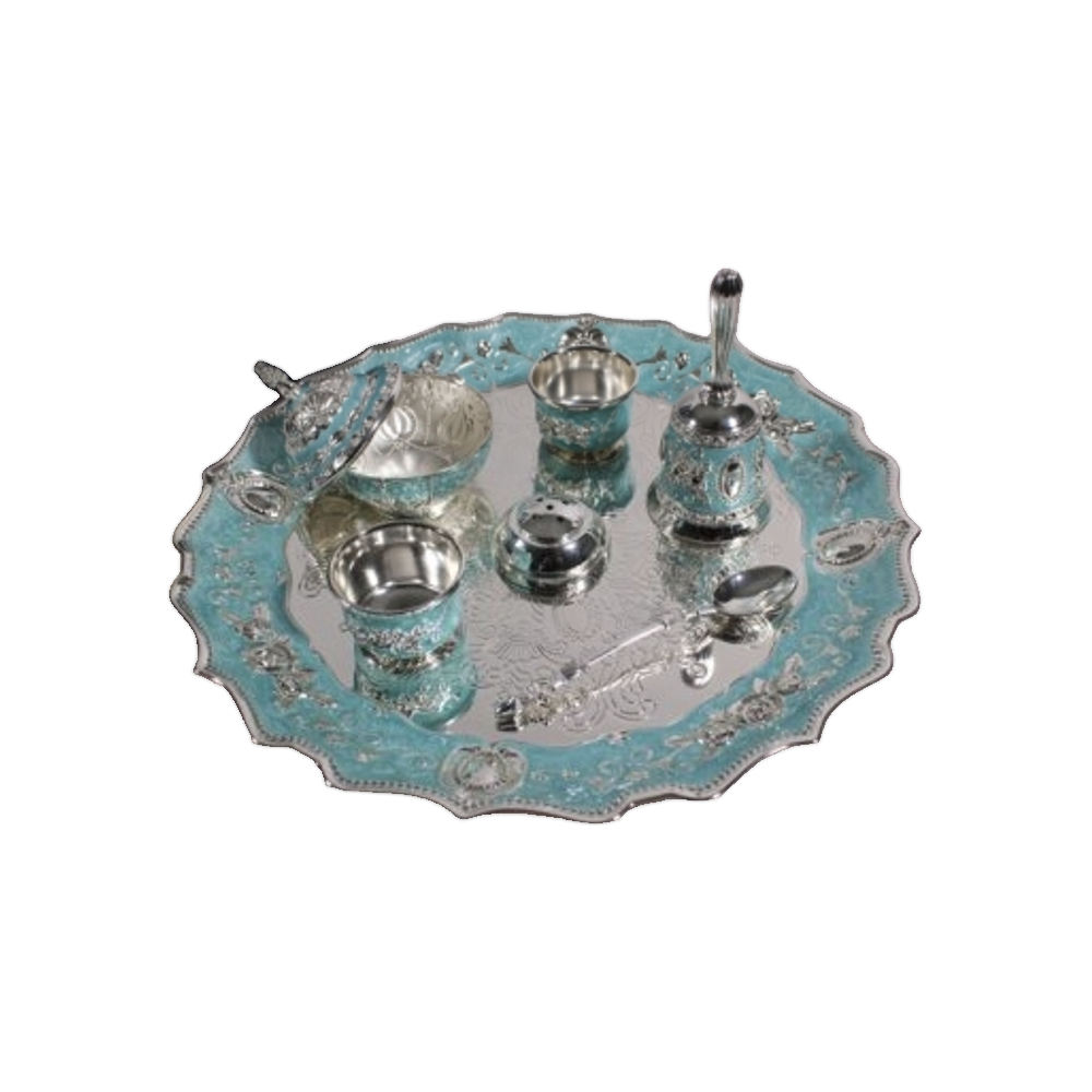 Turquoise Pooja Thali Set GY23-PTS02 with coordinating tray, handbell and ritual accessories