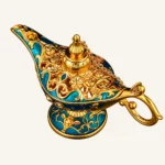 Antiqued Openwork Aladdin Lamp Burner — Blue and gold photographed reference thumbnail