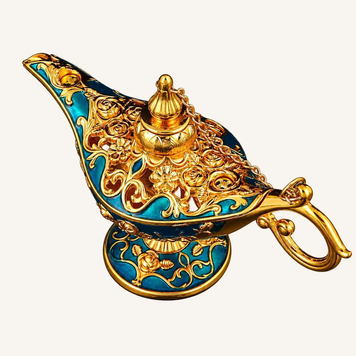 Antiqued Openwork Aladdin Lamp Burner — Blue and gold photographed reference