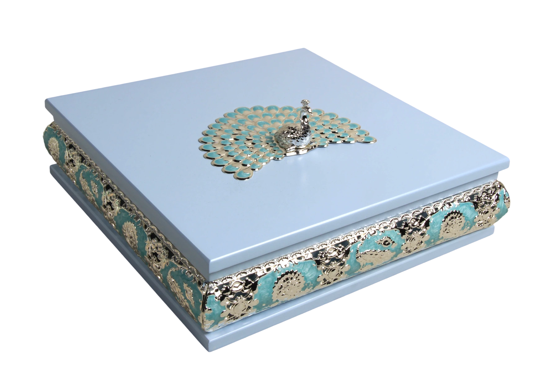 HS-MH035 Peacock Square Wooden Dry Fruit Boxes — Blue finish