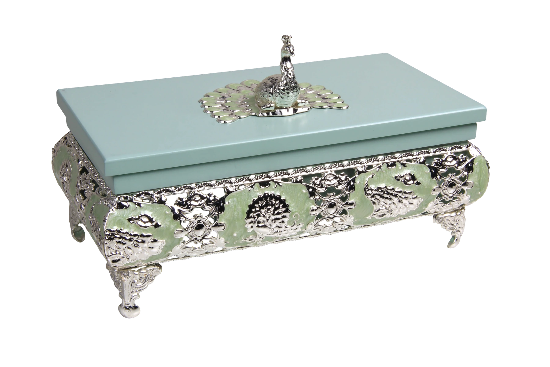 Peacock Footed Wooden Tissue Boxes — MH036 closed-lid exterior reference — Mint green finish — closed-lid exterior reference