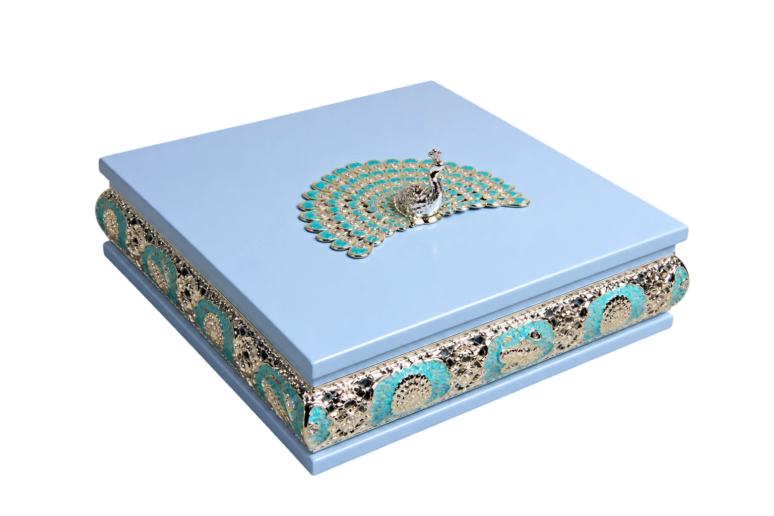 Peacock Square Wooden Tissue Boxes — MH033 closed-lid exterior reference — Blue finish — closed-lid exterior reference