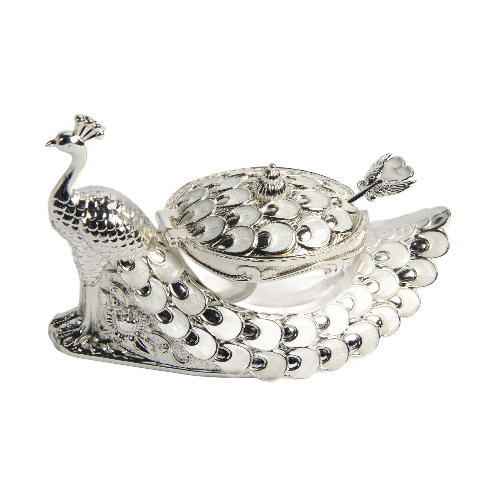 TZ016 silver-tone peacock-shaped sugar pot with pale feather panels and matching spoon