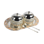 TZ019 two peach-accented sugar pots with silver-tone domed lids, two spoons and an oval tray thumbnail