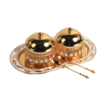 TZ019 gold-tone twin sugar pot set with two spoons on an oval decorative tray thumbnail