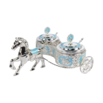 TZ060 twin turquoise peacock sugar pots with two spoons on a silver-tone horse carriage thumbnail