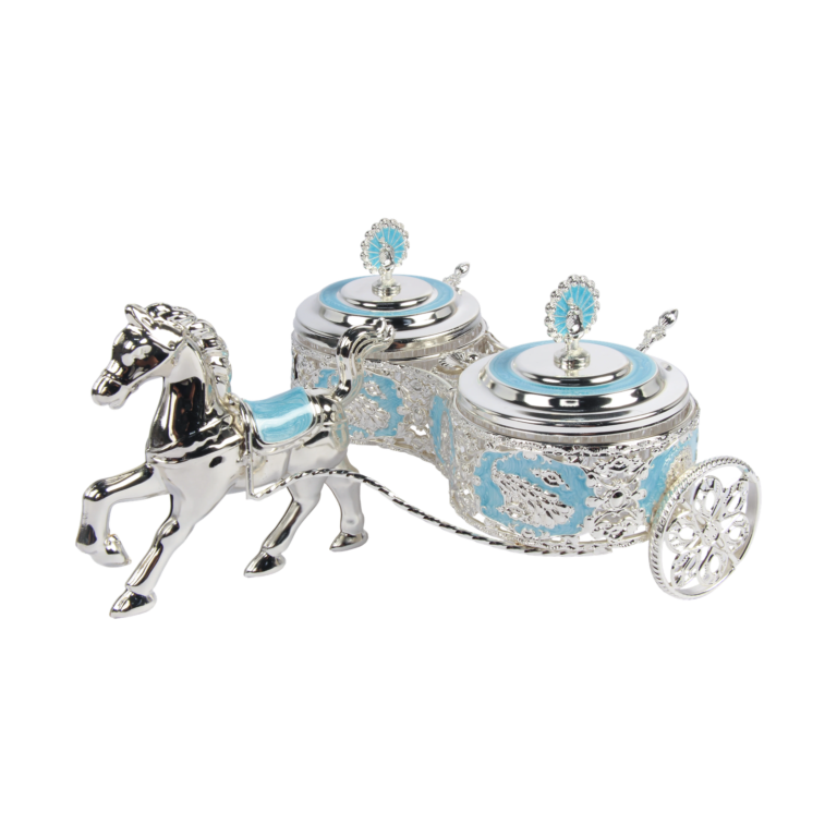 TZ060 twin turquoise peacock sugar pots with two spoons on a silver-tone horse carriage
