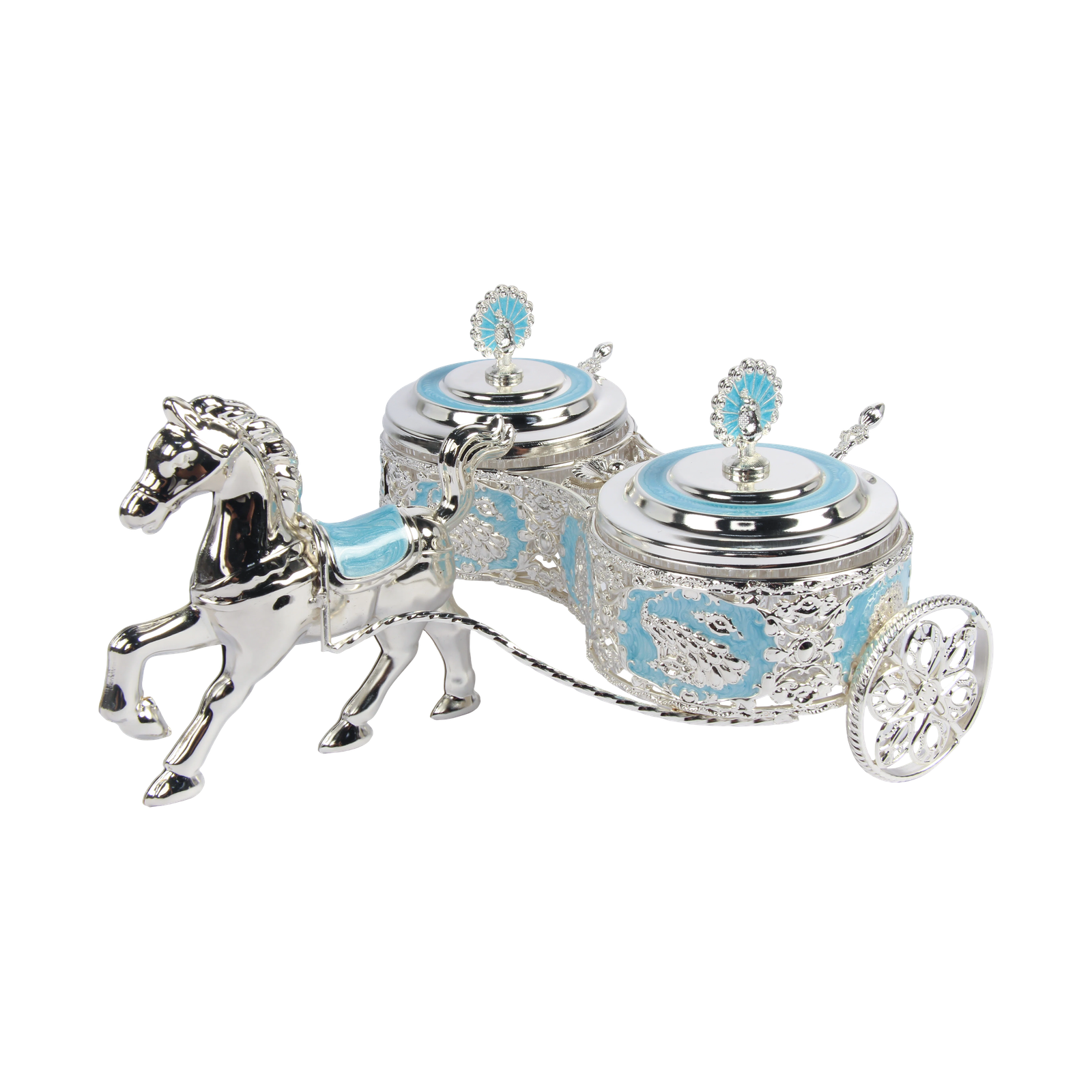 TZ060 twin turquoise peacock sugar pots with two spoons on a silver-tone horse carriage