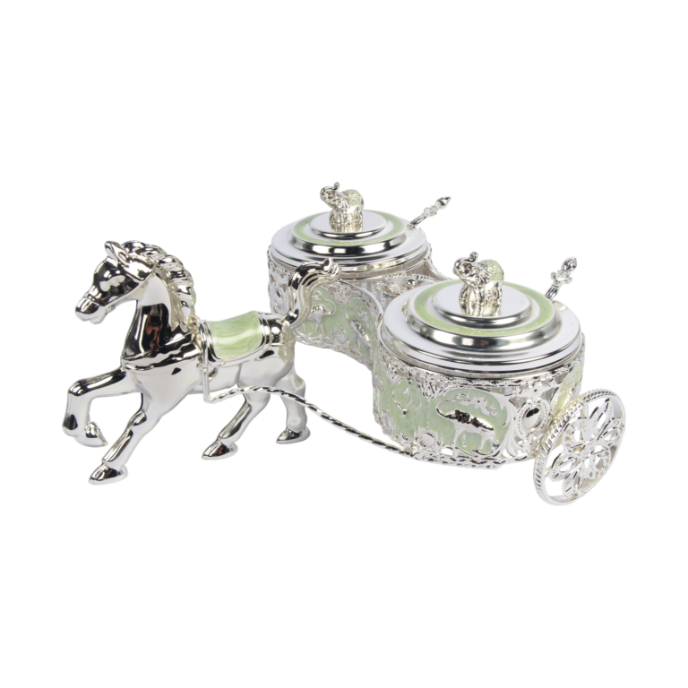 TZ061 twin pale green elephant-motif sugar pots with two spoons on a silver-tone horse carriage
