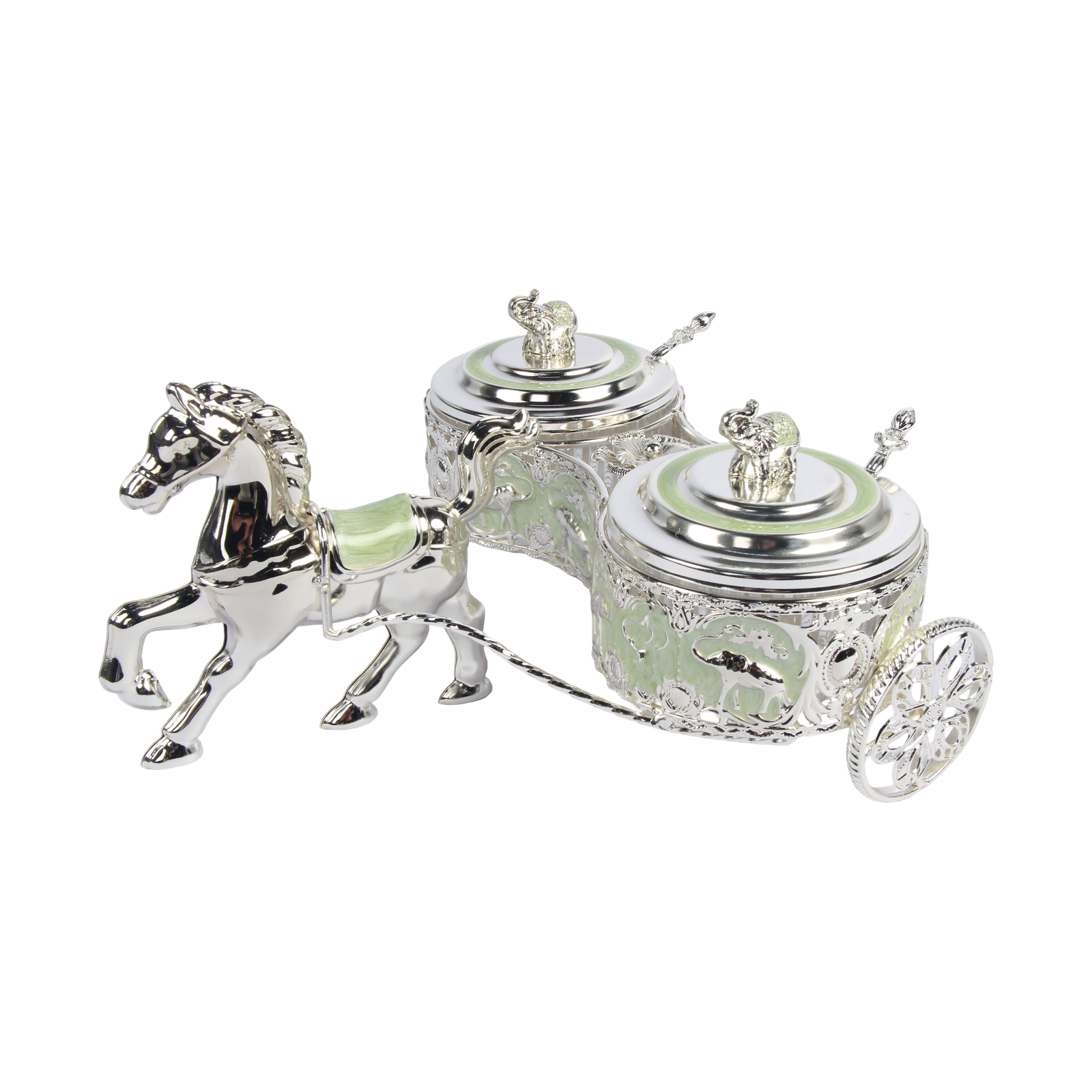 TZ061 twin pale green elephant-motif sugar pots with two spoons on a silver-tone horse carriage