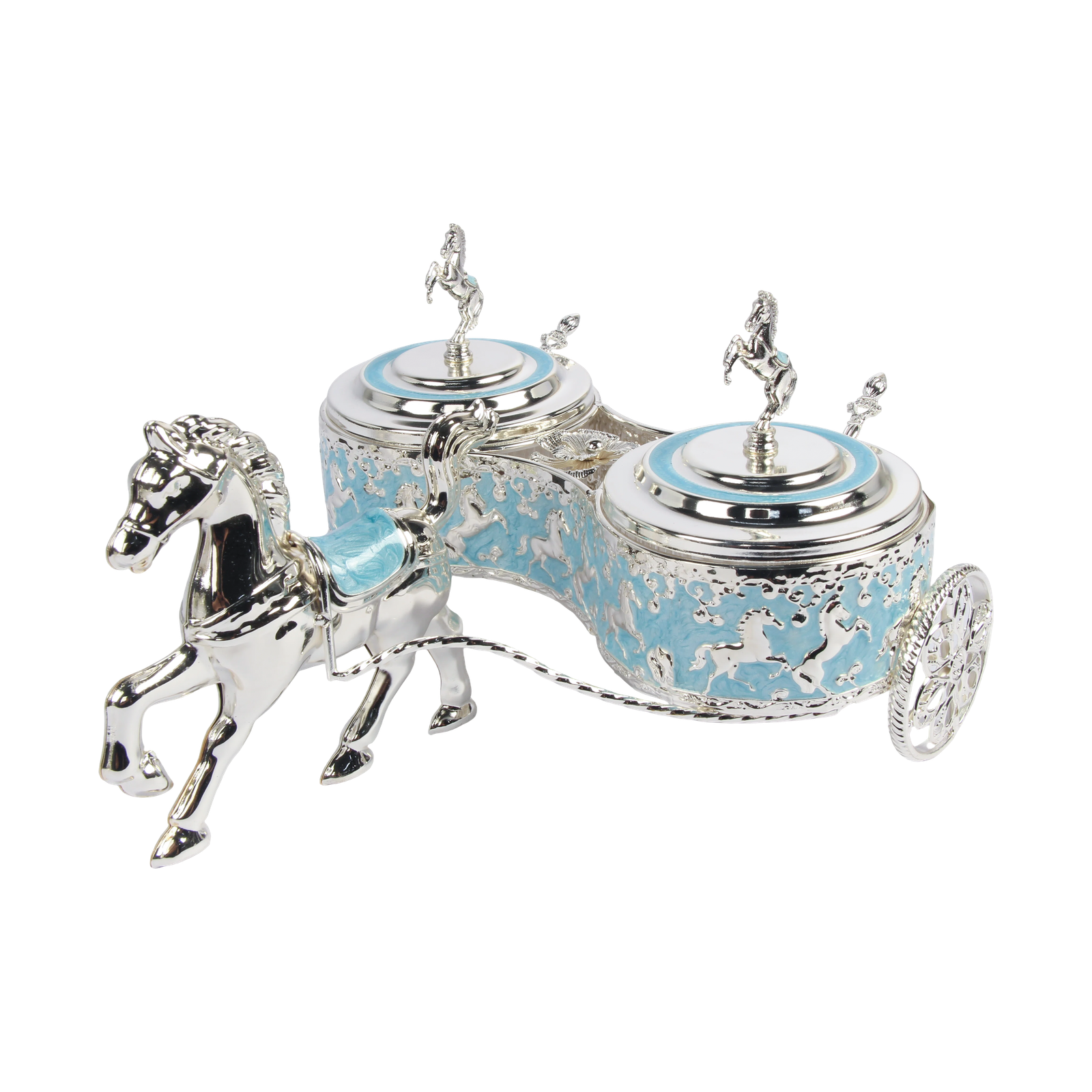 TZ062 Horse-motif twin-pot carriage, turquoise finish