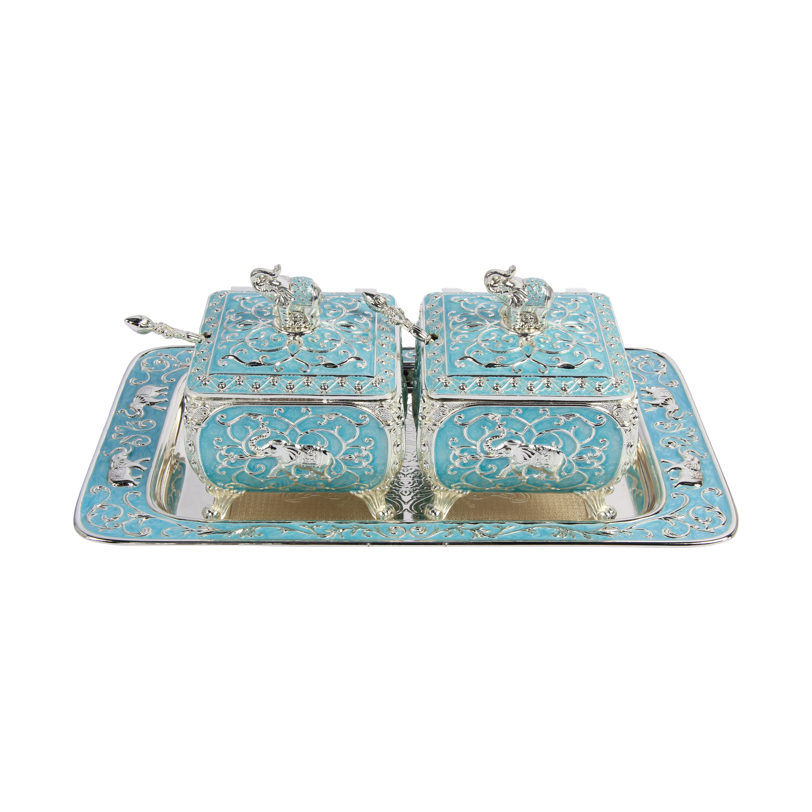 TZ083 Elephant twin-pot tray set, turquoise finish