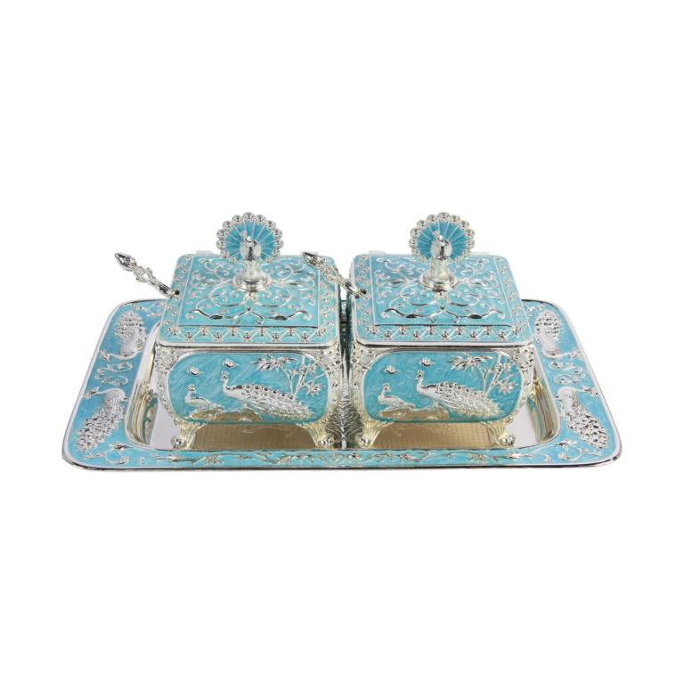 TZ084 Peacock twin-pot tray set, turquoise finish