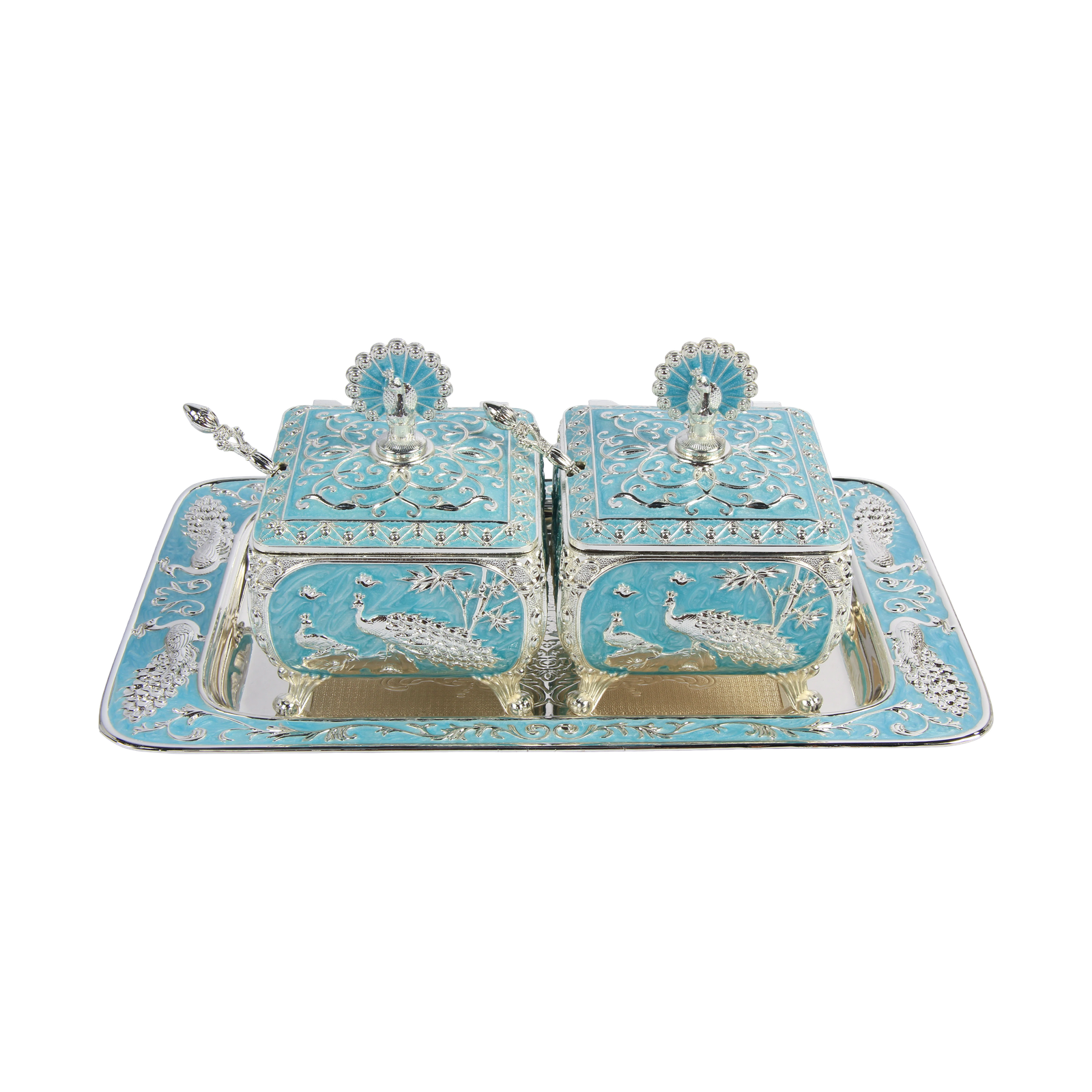 TZ084 Peacock twin-pot tray set, turquoise finish