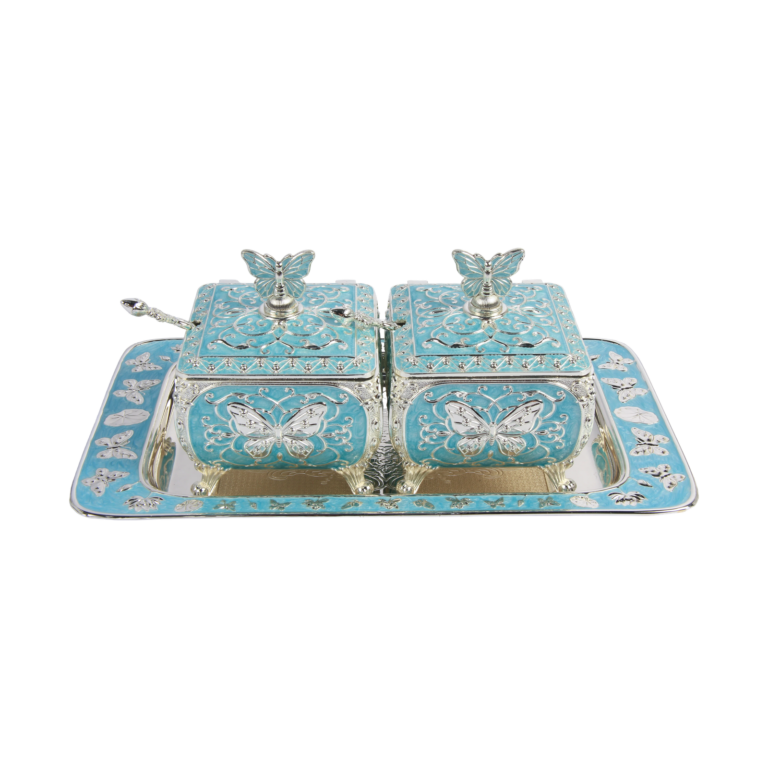TZ086 Butterfly twin-pot tray set, turquoise finish