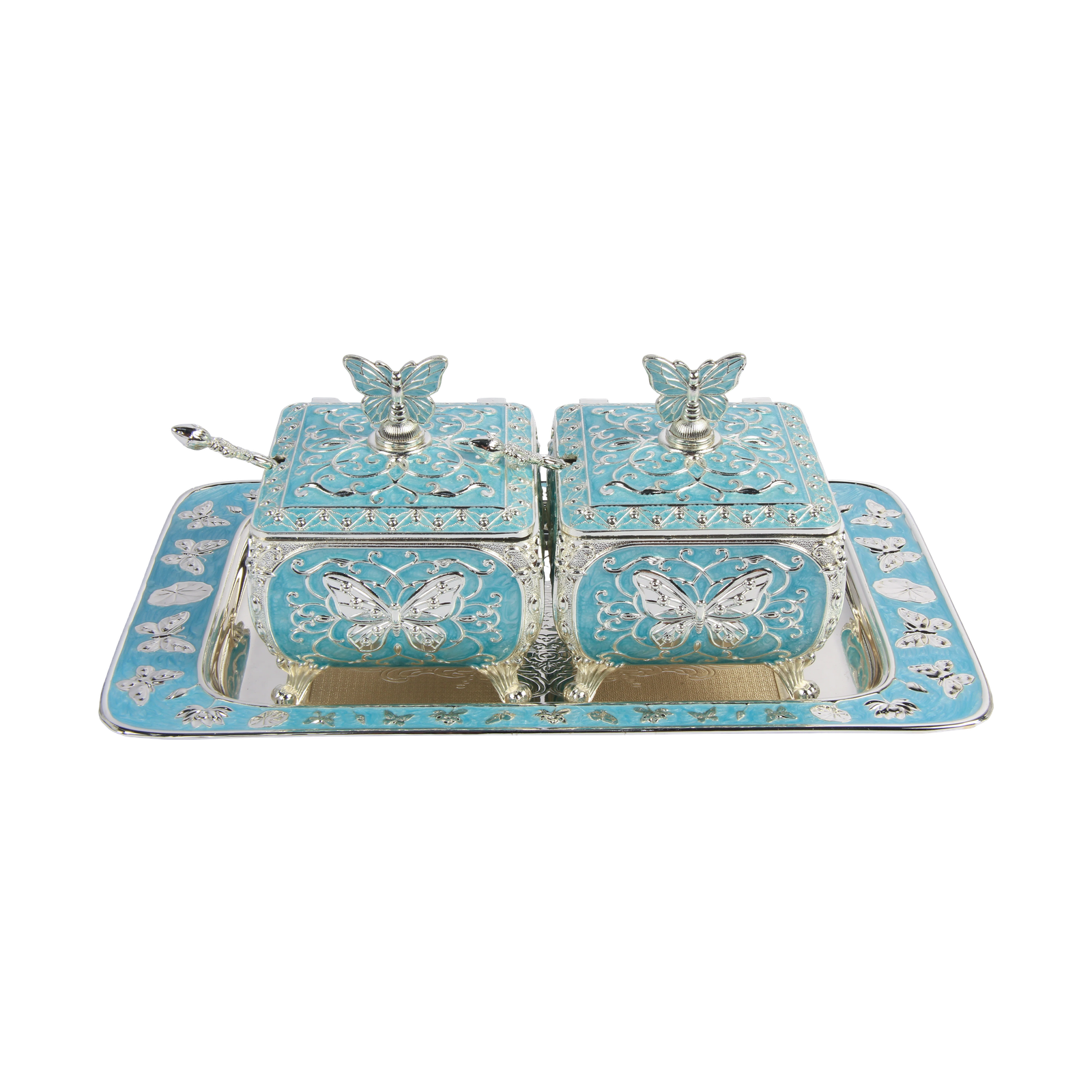 TZ086 Butterfly twin-pot tray set, turquoise finish